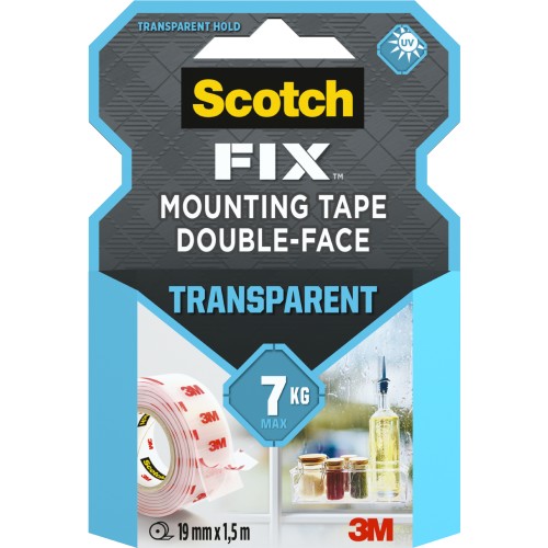 Banda dublu adeziva transparenta pentru montare Scotch-Fix™,19 mm x 1.5 m, 1 rola/pachet