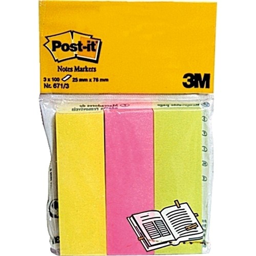Marker pagina Post-it®, culori neon asortate, 25 mm x 76 mm, 100 file/ bucata, 3 bucati/ pachet, 100% PEFC