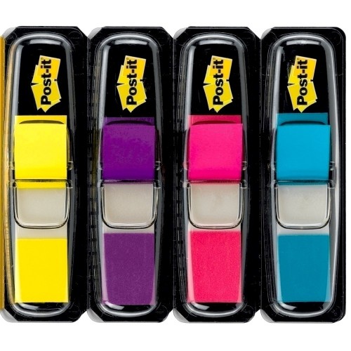 Index mini Post-it®, 11,9 mm x 43,2 mm, 4 culori asortate in dispenser, 24 file/culoare