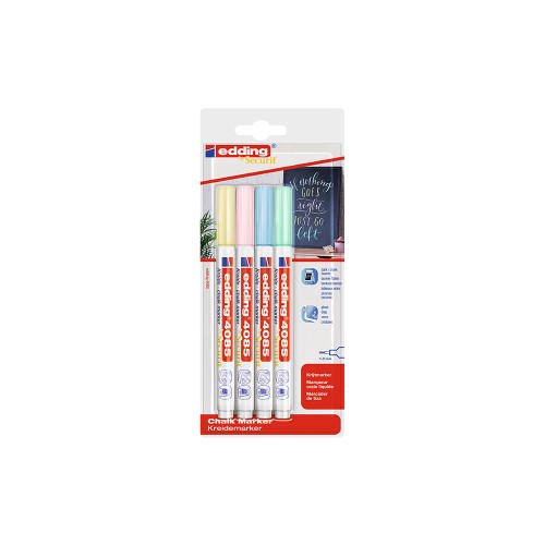 Marker Edding 4085, cu creta lichida, varf rotund 1-2 mm, alb, 4 culori pastel, blister