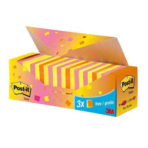 Notite adezive, Post-it, 76 x 76 mm, multicolor, 100 file/bucata, 21 + 3 gratuite, 100% PEFC