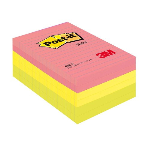 Notite adezive Post-it® 660N, Neon, liniate, 101 x 152 mm, 100 file/bucata, 100% PEFC