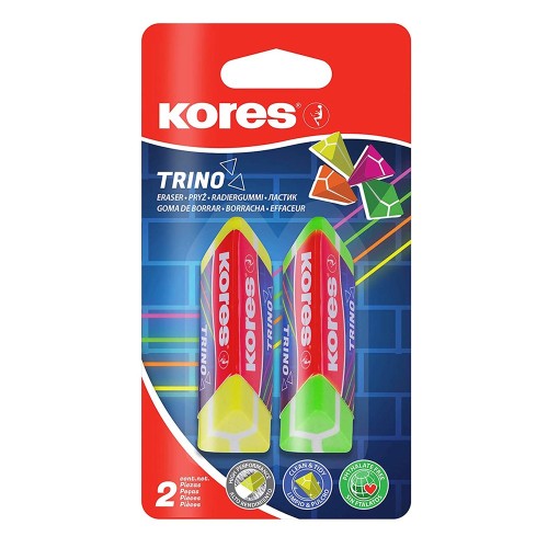 Radiera Kores Trino, design triunghiular, 2 bucati asortate/blister