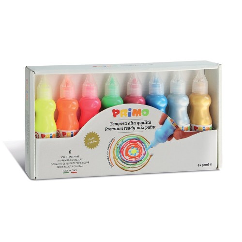 Tempera cu mecanism control debit, Morocolor, 4 culori fluorescente si 4 culori metalice
