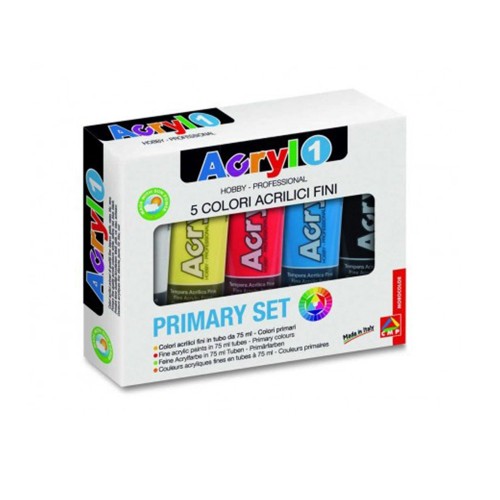 Tempera acrilica Morocolor Primo 75 ml, 5 culori de baza: alb, galben, rosu, albastru