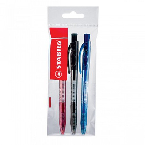 Pix cu mecanism Stabilo Liner 308, M, 0.45 mm, 3 culori/blister eco, albastru, negru, rosu