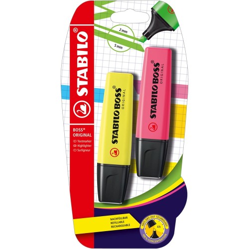 Textmarker Stabilo Boss Original, 2 culori/blister, galben, roz