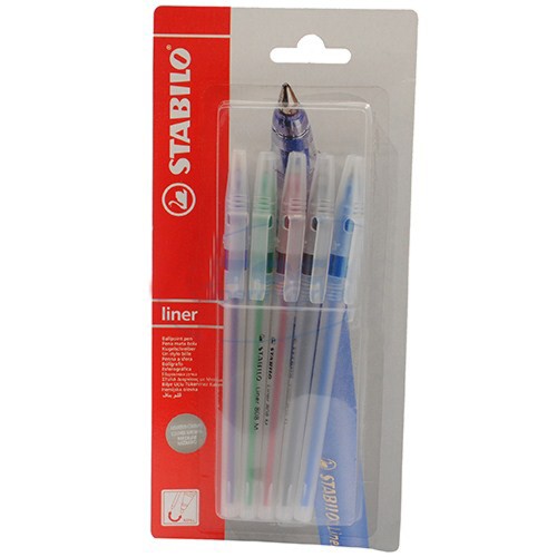 Pix fara mecanism Stabilo liner, M, 0.45 mm, 5 culori/blister, albastru, negru, rosu, verde, violet