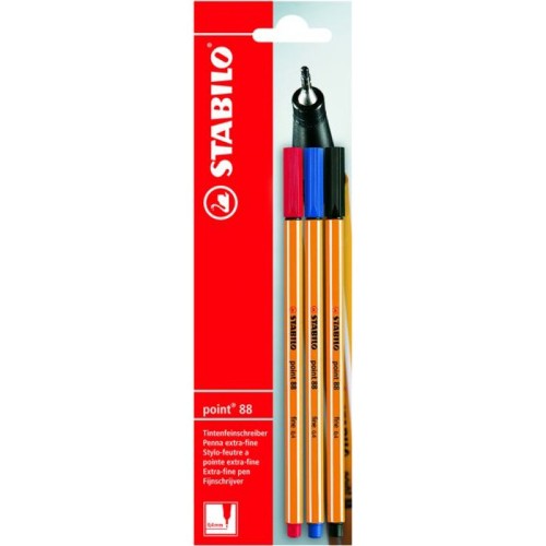 Fineliner Stabilo Point 88, 0.4 mm, 3 culori, negru, rosu, albastru, blister