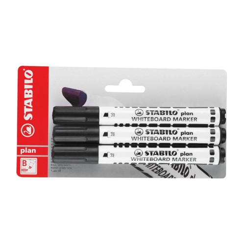 Marker pentru tabla Stabilo Plan, negru, varf tesit 1 - 5 mm, 3 bucati/blister