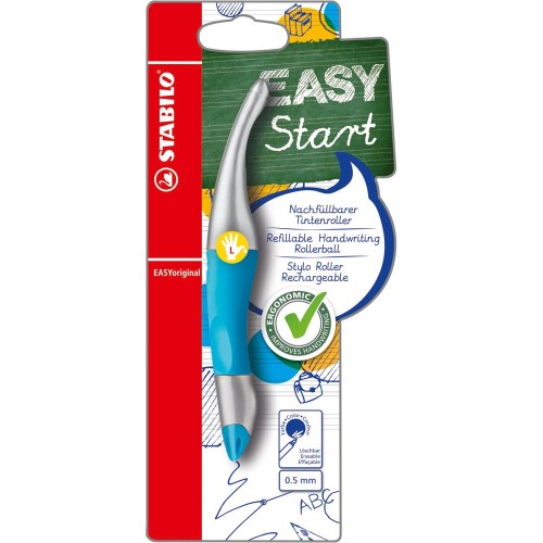 Roller ergonomic Stabilo Easy Original Start, 0.5 mm, pentru stangaci, albastru neon, blister