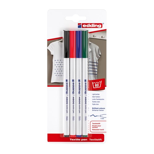Marker Edding 4600, pentru textile, varf rotund 1 mm, 4 culori/blister