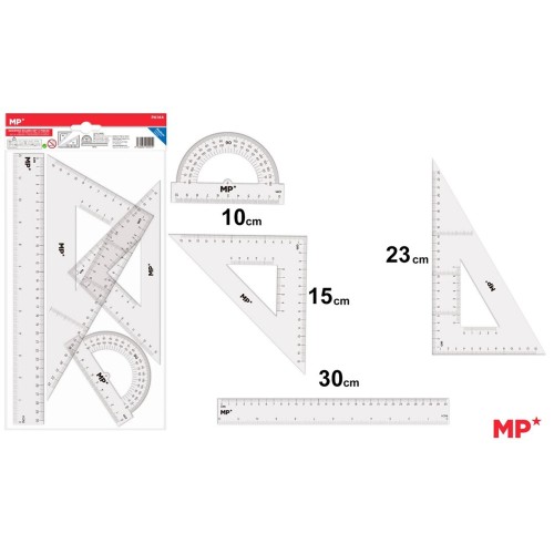 Set geometrie Main Paper, 4 piese, transparent, raportor, 2 echere, rigla 30 cm, blister