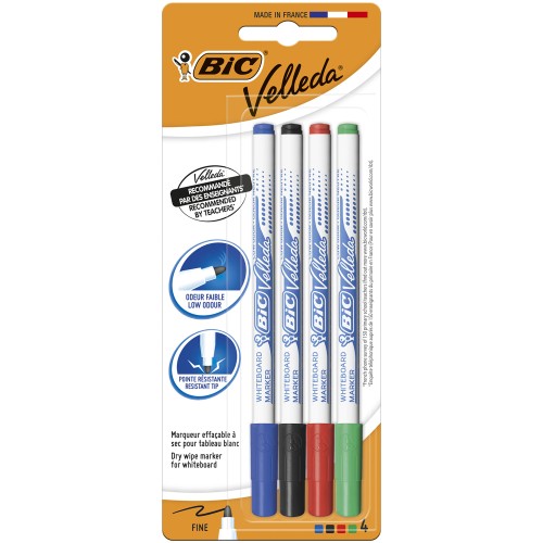 Marker pentru tabla Bic Eco Velleda 1721, varf rotund subtire, 4 culori blister