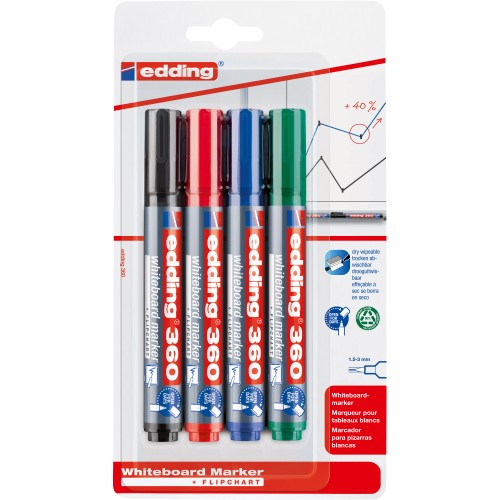 Set 4 markere Edding 360 pentru tabla, varf 1.5-3 mm, negru, rosu, albastru, verde