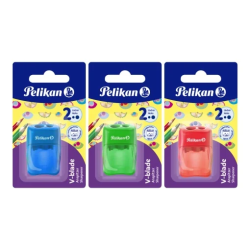Ascutitoare Pelikan V-Blade dubla cu container, plastic, diverse culori, blister