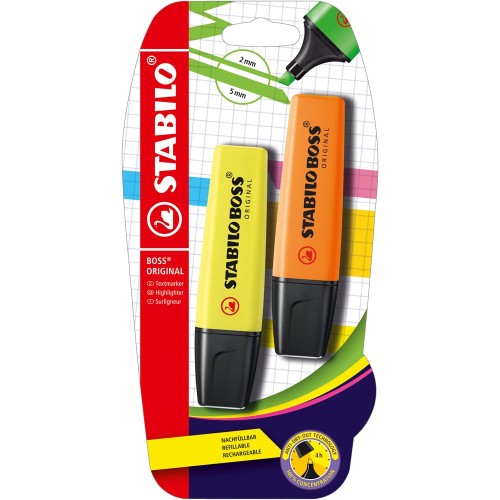 Textmarker Stabilo Boss Original, corp plastic in culoarea cernelei, varf retezat, 2-5 mm, galben, portocaliu, 2 bucati/blister