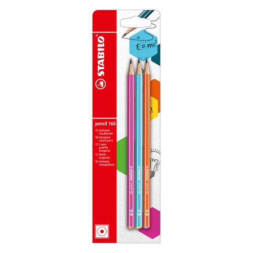 Creion grafit Stabilo 160, 2.2 mm, HB, fara radiera, corp roz, bleu, portocaliu, set 3 bucati / blister