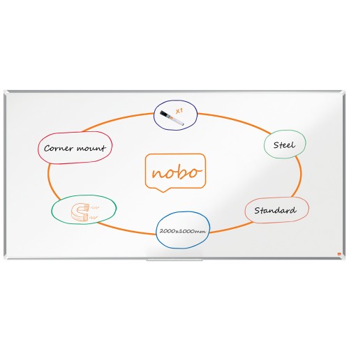 Tabla NOBO Premium Plus, otel lacuit, 200x100 cm, magnetica, include marker si tavita, alb