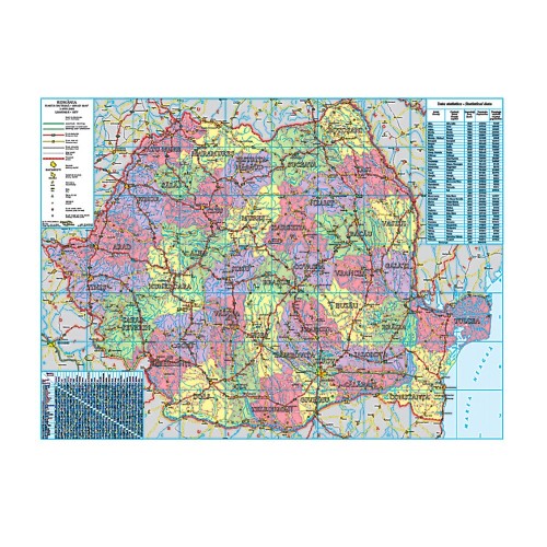 Harta Romaniei administrativa-rutiera-turistica, 100 x 140 cm, suprafata magnetica