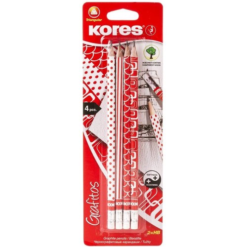 Creioane grafit Kores HB, design alb rosu, radiera alba, 4 bucati/blister