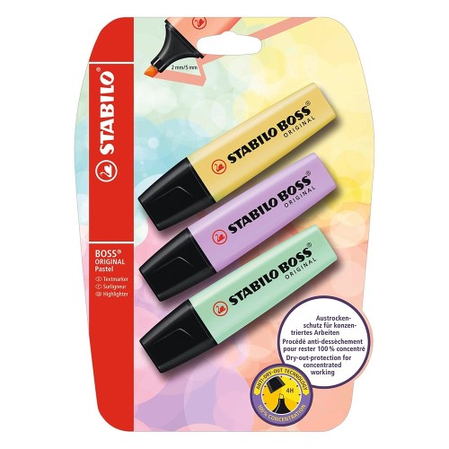 Textmarker Stabilo Boss Original Pastel, 3 culori/blister, verde menta, galben, lila