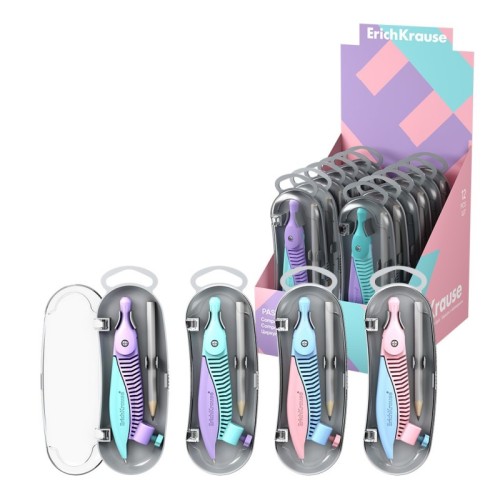 Compas ErichKrause plastic pastel, cu creion in etui