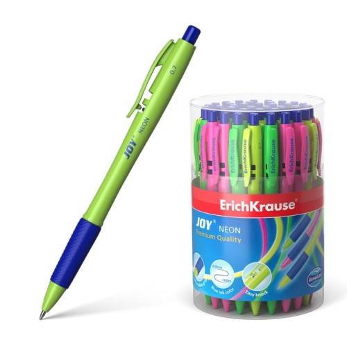 Pix ErichKrause 0,7 mm albastru, cu mecanism si grip joy neon