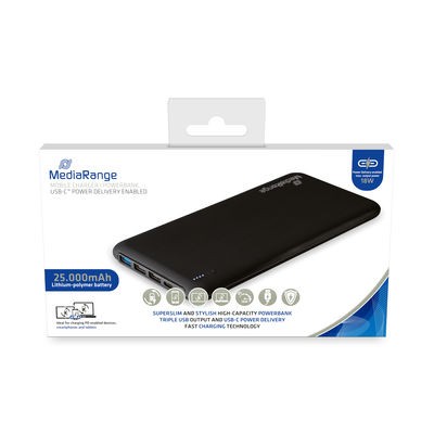 Baterie Externa MediaRange, 25 000mAh cu 3x USB-A 1x USB-C