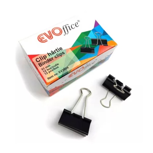 Clipsuri metalice negre EVOffice, 51mm, 12 bucati/set