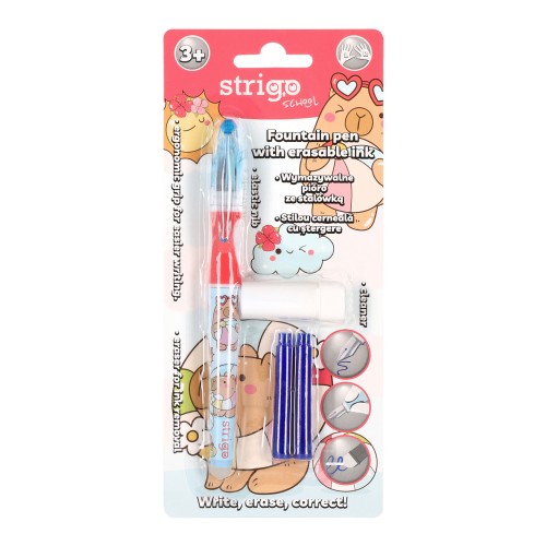 Stilou Strigo cerneala cu stergere + 2 rezerve + dispozitiv curatare, in blister, roz , Capybara